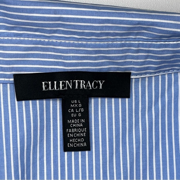 Ellen Tracy Women's Pinstriped Blue & White Embroidered Shirtdress Large NWT - Picture 2 of 15